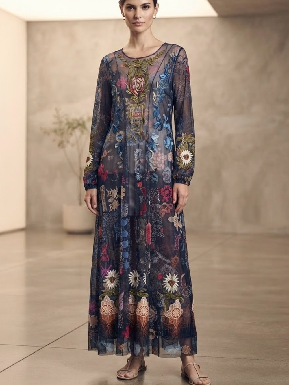 Johnny Was Navy Sheer Maxi Dress with Multicolor Floral Embroidery